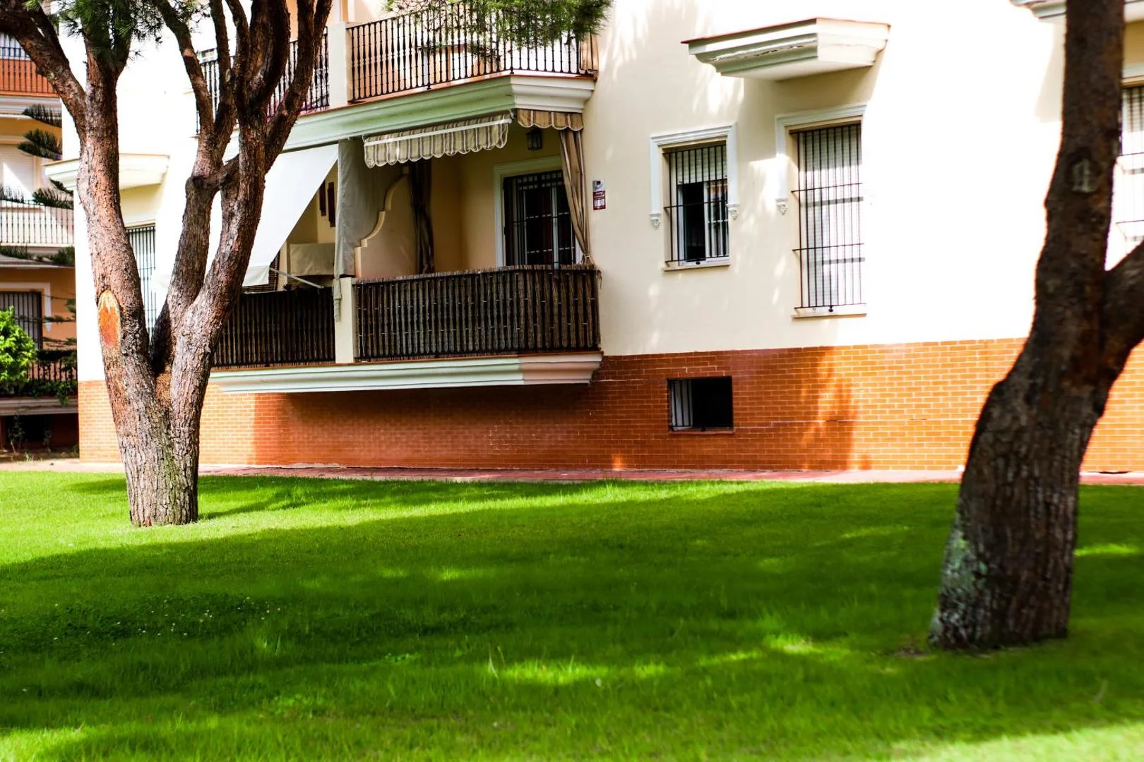 Jardín con césped y pinos frente a los apartamentos