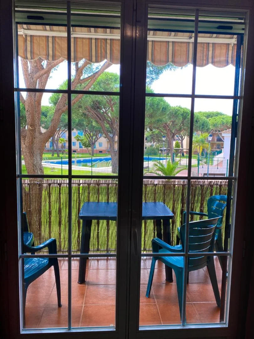 Mesa en la terraza con vistas a los pinos y la piscina