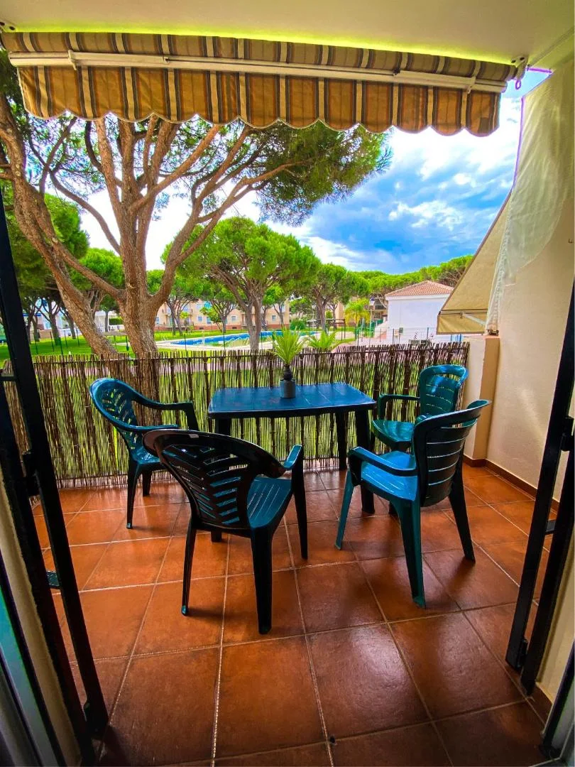 Terraza con mesa y sillas junto a los pinos